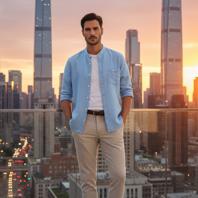 Relaxed Linen Shirt with Stand Collar and Long Sleeves