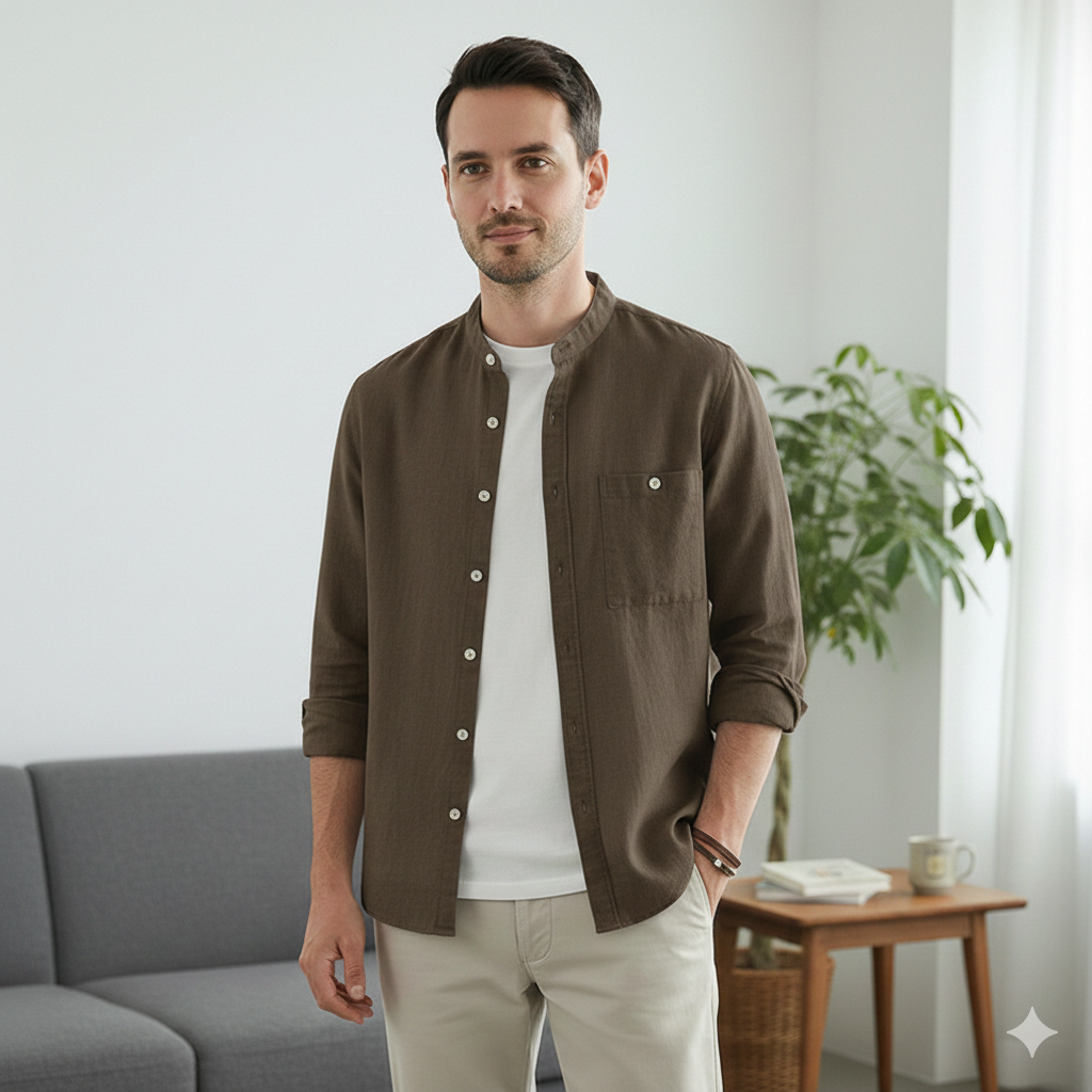 Relaxed Linen Shirt with Stand Collar and Long Sleeves