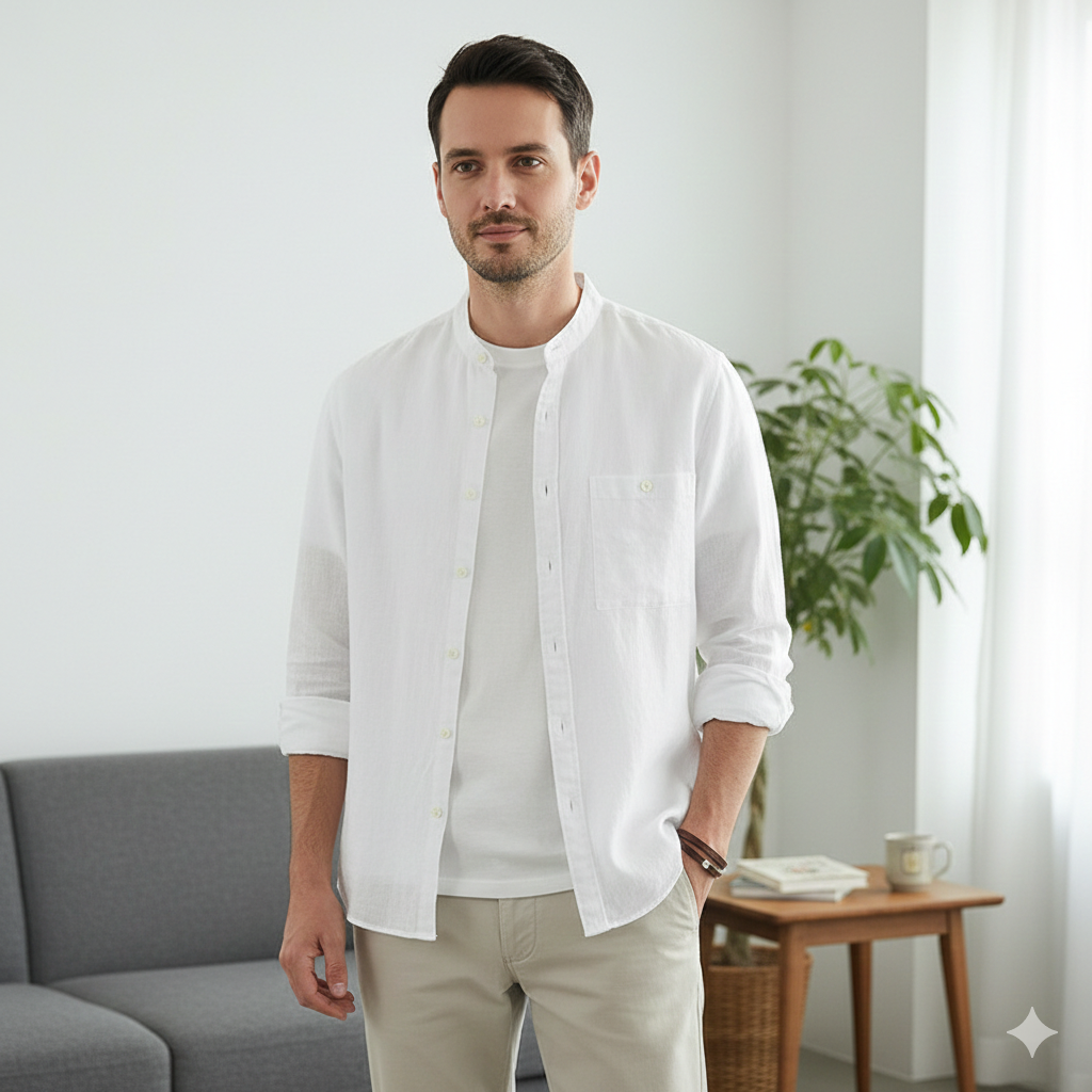 Relaxed Linen Shirt with Stand Collar and Long Sleeves