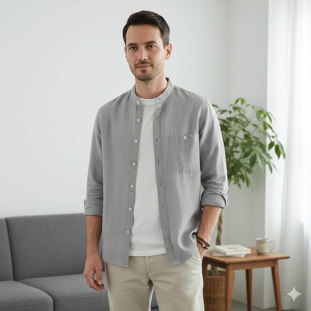 Relaxed Linen Shirt with Stand Collar and Long Sleeves